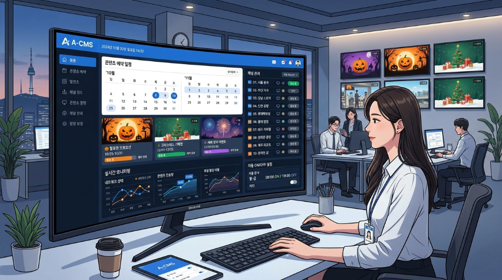 A-CMS 콘텐츠 관리 시스템 대시보드 - 콘텐츠 예약, 채널 관리, 실시간 모니터링 화면